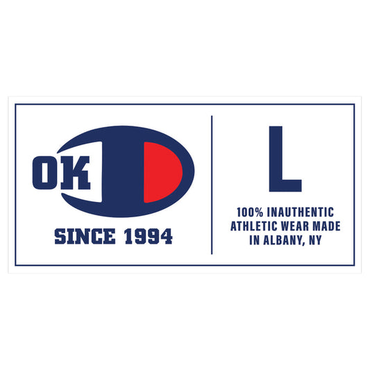 A white clothing label for One King Down features a blue and red logo, the text OKD, SINCE 1994, a large L, and "100% Inauthentic Athletic Wear Made in Albany, NY"—ideal for pro-style athletic knit jerseys.