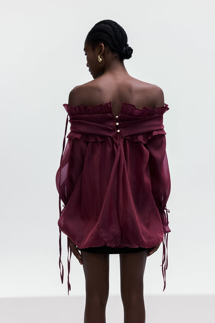Aneirin Off Shoulder Mesh Ruffle Top In Red