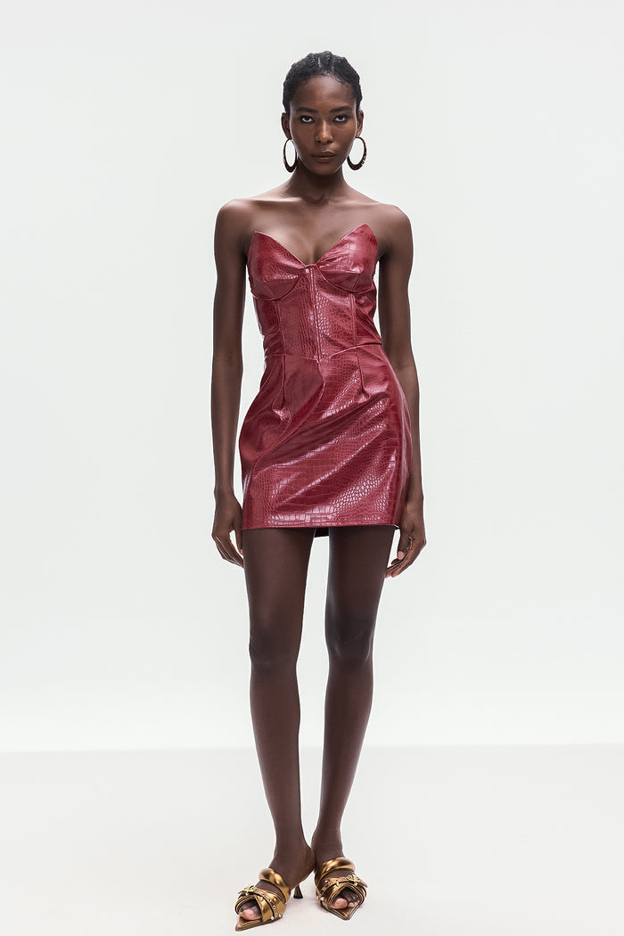 Ardin Crocodile Pattern Strapless Leather Mini Dress