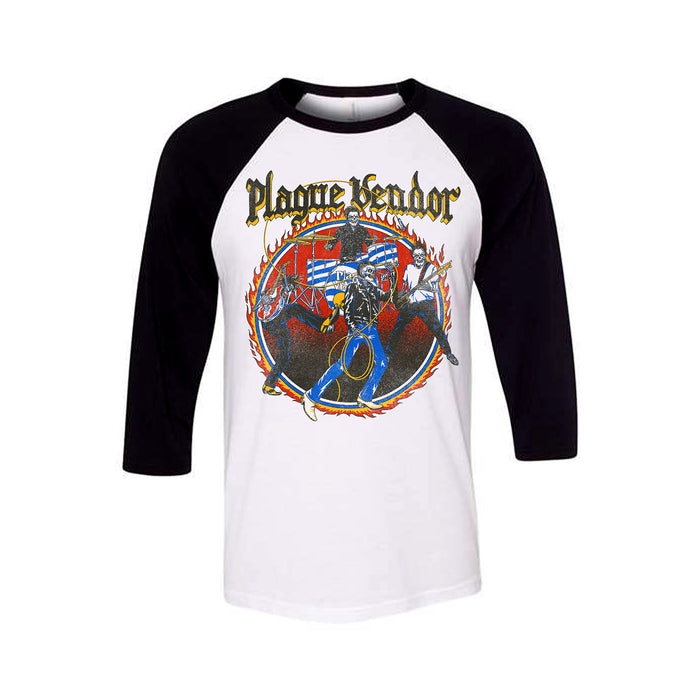 Bella Canvas black and white raglan t-shirt by Plague Vendor with a vibrant knight-in-armor graphic, flaming background, and "Plague Vendor" in bold yellow text above the design.