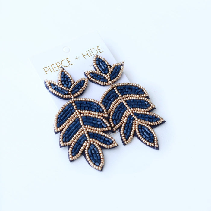 Beaded Fleur De Lis Earring - Navy