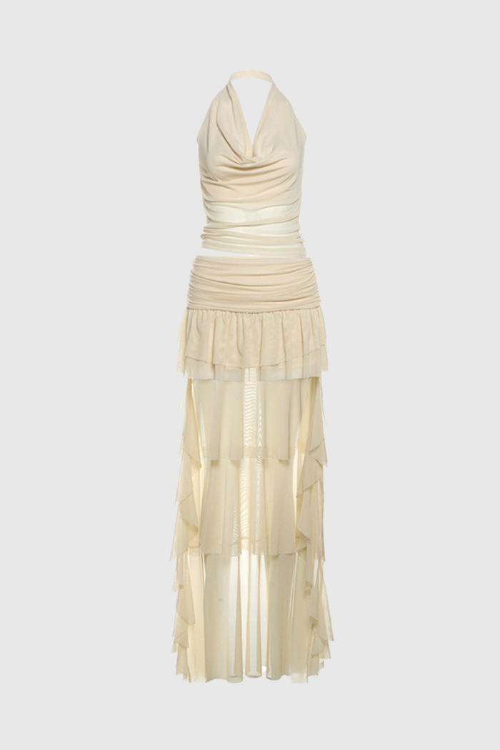 Behitha Ruch Ruffle Mesh Cowl Neck Skirt Set