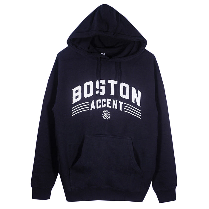 A black Matt Nathanson pullover hoodie with BOSTON ACCENT in bold white letters and thin white chest lines, plus a small circular design below the text for a classic printed look.
