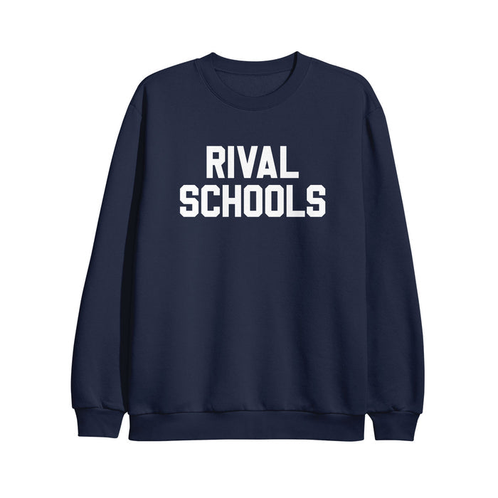 Rival Schools navy blue crewneck sweatshirt with bold white "RIVAL SCHOOLS" lettering across the front.