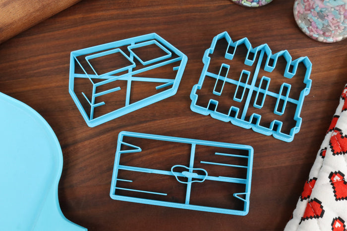 Construction Materials Cookie Cutters, Set 1 - Bag of Cement, Cinderblock, Picket Fence, Plank of Wood, Red Brick - Constructing Necessities