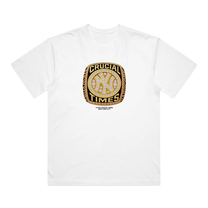 Crucial Times white T-shirt with a large gold, diamond-studded ring and basketball graphic on the front. Made from Comfort Colors. Limited edition with CRUCIAL TIMES and small black text under the ring design.