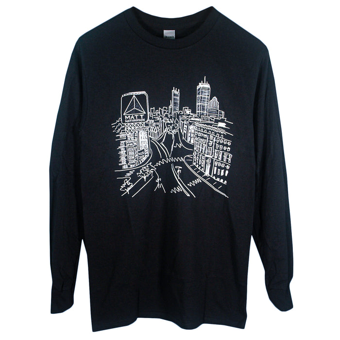 Black Matt Nathanson long-sleeve shirt featuring a printed white line drawing of a cityscape with skyscrapers, buildings, and people walking along busy streets.