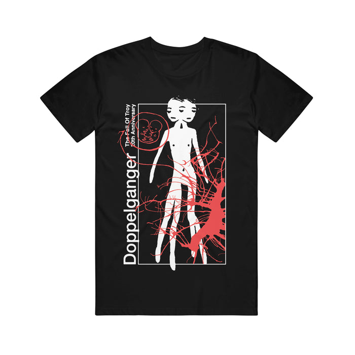 Printed on premium American Apparel, this black T-shirt from The Fall of Troy features abstract art of a pale humanoid with red branches, red splatter, and “Doppelganger” and “The Kill of Troy: The Final Mystery” text.