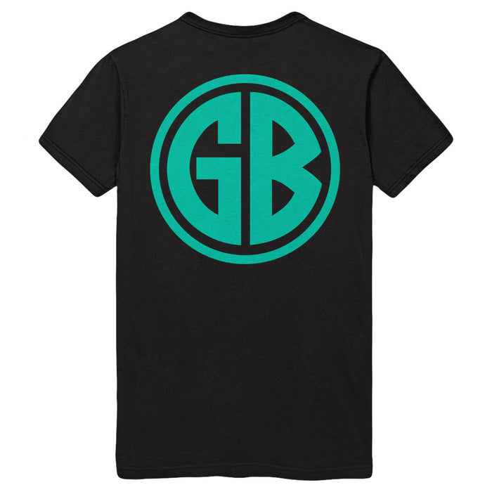 A black Gorilla Biscuits heavy cotton t-shirt with a large turquoise GB monogram inside a circle on the back.