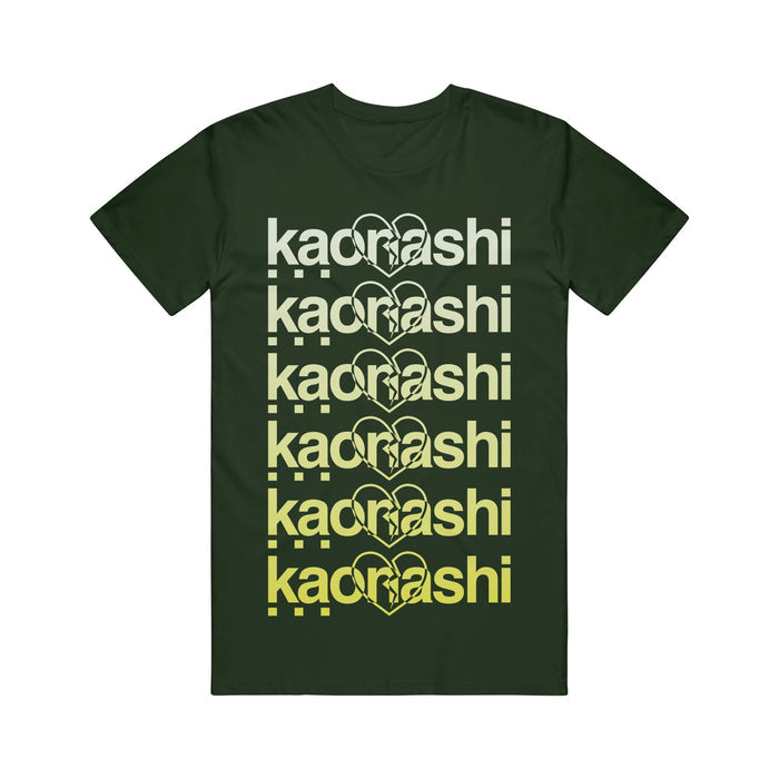 Dark green Kaonashi t-shirt with "kacrnashi" repeated six times in a fading yellow gradient and heart outlines, vertically arranged on the front.