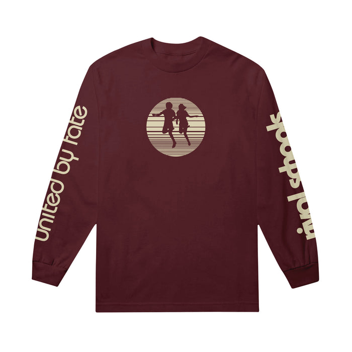 A maroon Rival Schools long sleeve shirt with two silhouetted figures holding hands in a circle on the chest. "United by fate" is printed on the left sleeve, and beige text appears partially on the right sleeve.