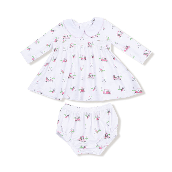 Long Sleeve Peter Pan Collar Dress and Bloomer - Baby Golf Carts Pink (12-18 Mo, 18-24 Mo) - Wee Bee Baby Boutique