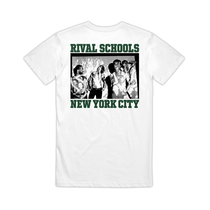 White cotton t-shirt by Rival Schools featuring a black-and-white photo of four men on the back, with "RIVAL SCHOOLS" above and "NEW YORK CITY" below in bold green letters—a standout printed tee.