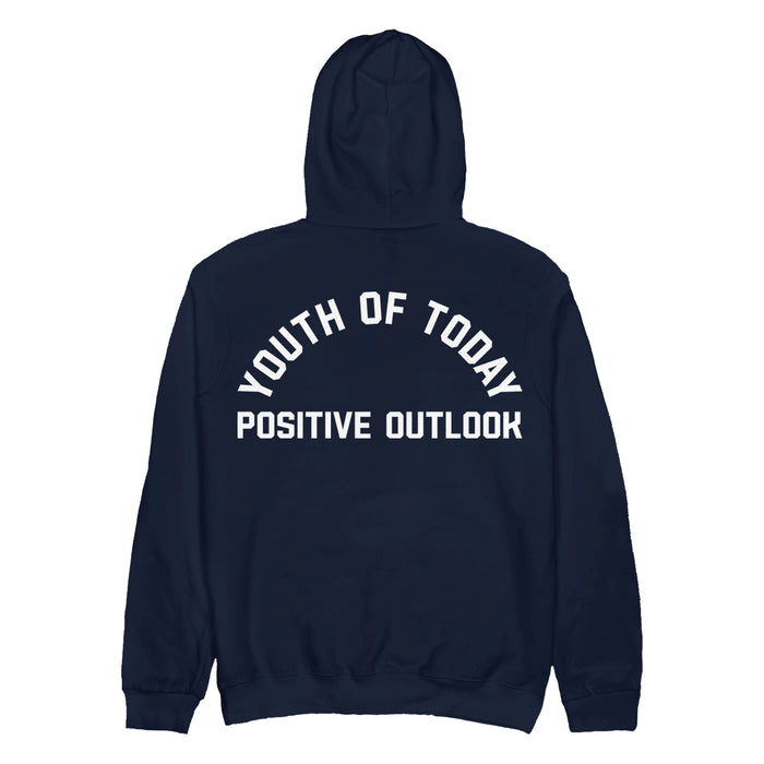 A navy blue heavyweight pullover hoodie by Youth Of Today, shown from the back with white "YOUTH OF TODAY" arched above bold "POSITIVE OUTLOOK." Available now for presale.