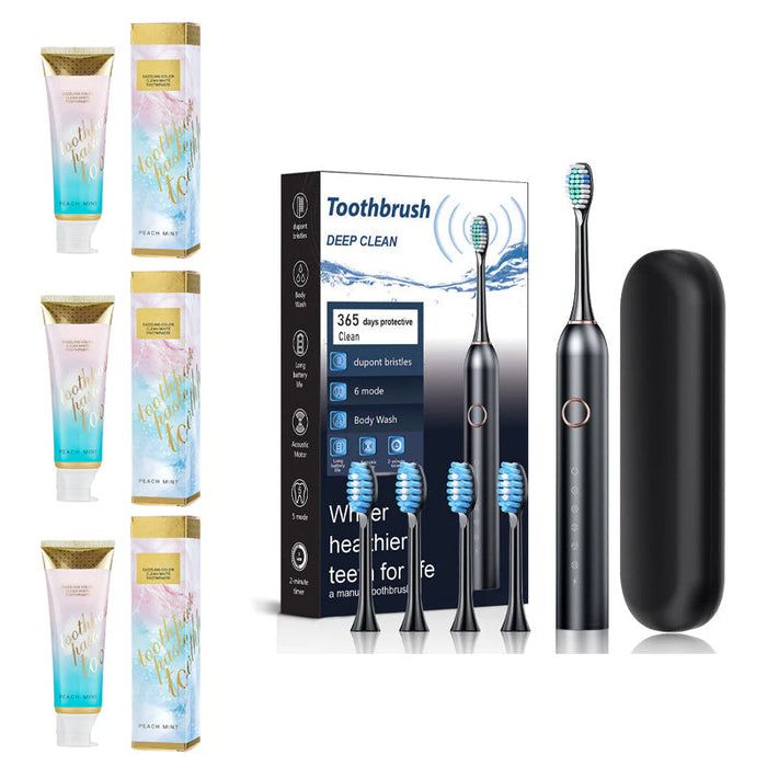 Toothpaste(3 pcs)+Adult Sonic Electric Toothbrush(4 brush heads + storage box)-Black