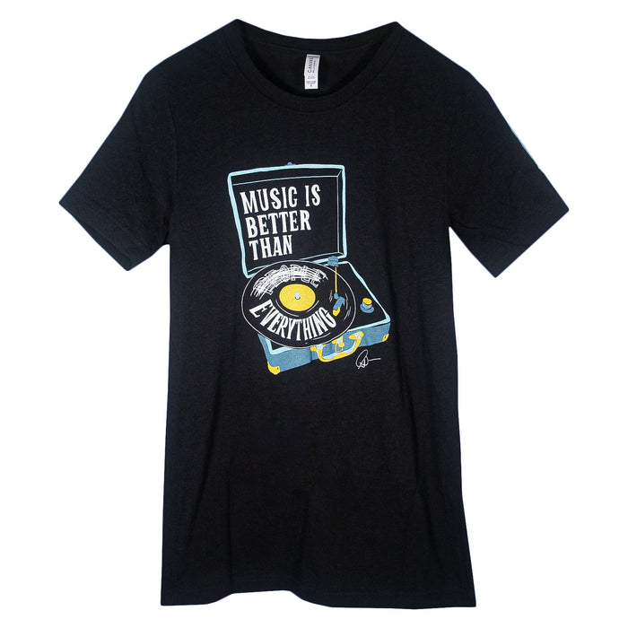 Matt Nathanson Black Bella + Canvas T-Shirt with a vintage record player graphic. The record says "Music is better than everything" in bold white letters, with yellow and blue accents highlighting this stylish tee.