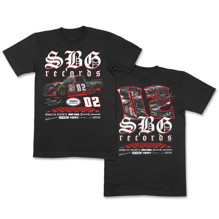 SBG Records black NASCAR t-shirt features a red and black race car, white gothic brand lettering, number 02 with racing sponsors. The back showcases a large 02, Shadow Born car graphics, and autograph-style details.