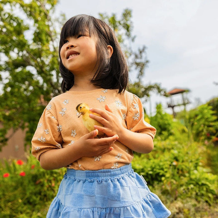 T-Shirt Puff Sleeve Daisies Print Nectarine