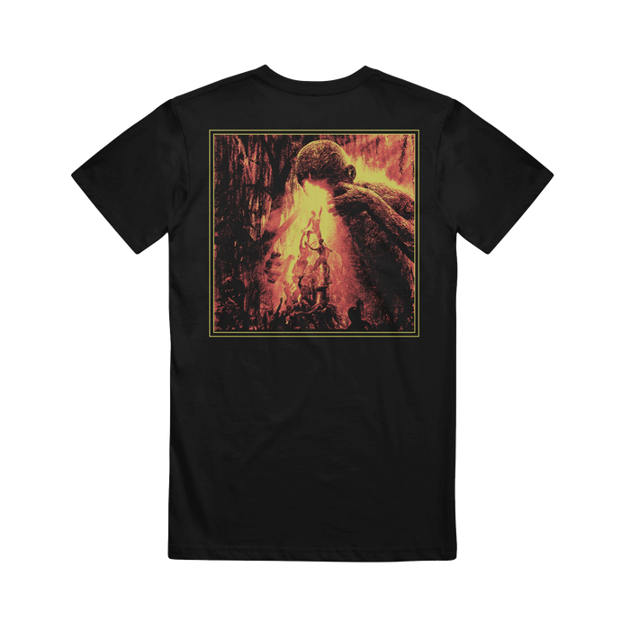 Dead Air Divine black t-shirt in a classic fit, made from 100% Gildan Heavy Cotton, showcases a vivid fiery illustration on the back of a giant figure towering over smaller people in a striking mythological scene.