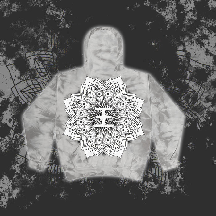 A gray Reflections tie-dye hoodie showcases a bold black and white mandala on the back over an abstract pattern—ideal for anyone who loves unique, printed pullovers.