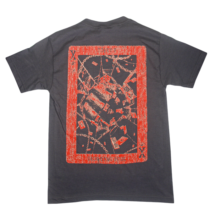 A dark gray, relaxed fit T-shirt by Sorry X, crafted from premium U.S. cotton and featuring a large abstract red and orange rectangular design with jagged shapes and patterns on the back.