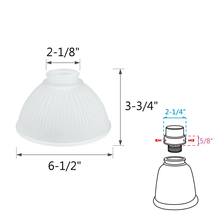 # 23086-4 Transitional Style Replacement Dome Shaped Frosted Ribbed Glass Shade, 2 1/8" Fitter Size, 3 3/4" high x 6 1/2" diameter, 4 Pack