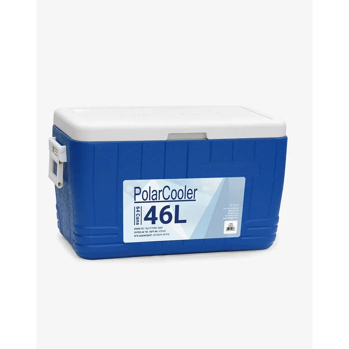צידנית קשיחה Polar Cooler בנפח 46 ליטר בצבע כחול עם ידית נשיאה לבנה לקמפינג ושטח