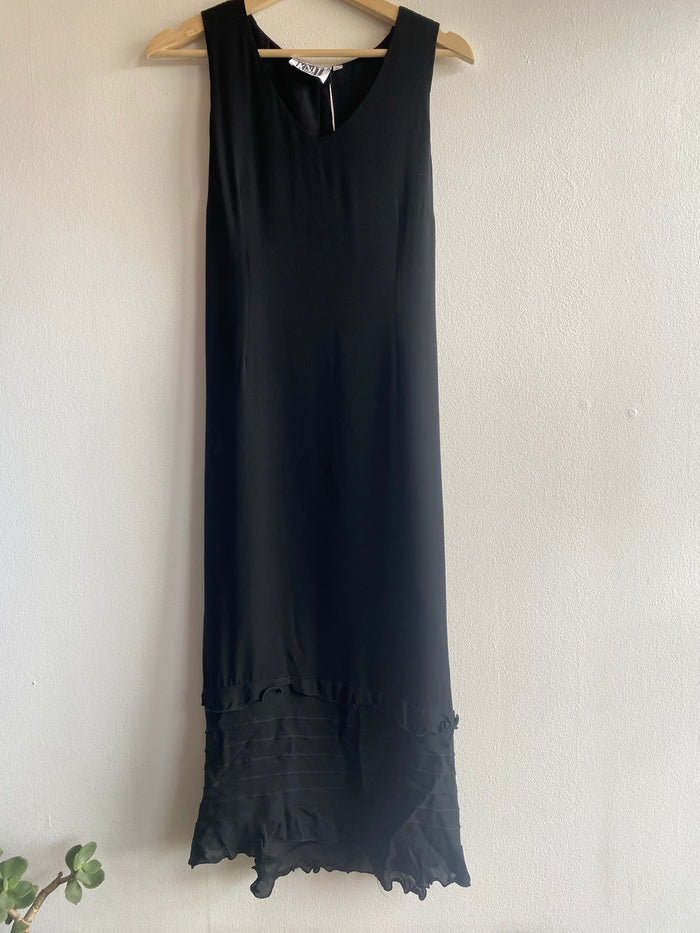 Vintage 90's Black Ruffle Hem Tie Back Maxi Dress - La Lovely Vintage