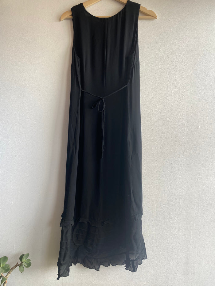 Vintage 90's Black Ruffle Hem Tie Back Maxi Dress - La Lovely Vintage