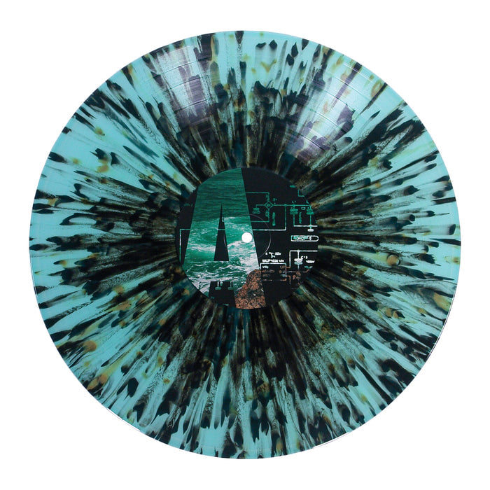 A Joshua vinyl reissue of A Whole New Theory, featuring a marble pattern with turquoise, black, and brown streaks. The label shows ocean imagery and technical diagrams. Eye-catching post-hardcore edition on white background.