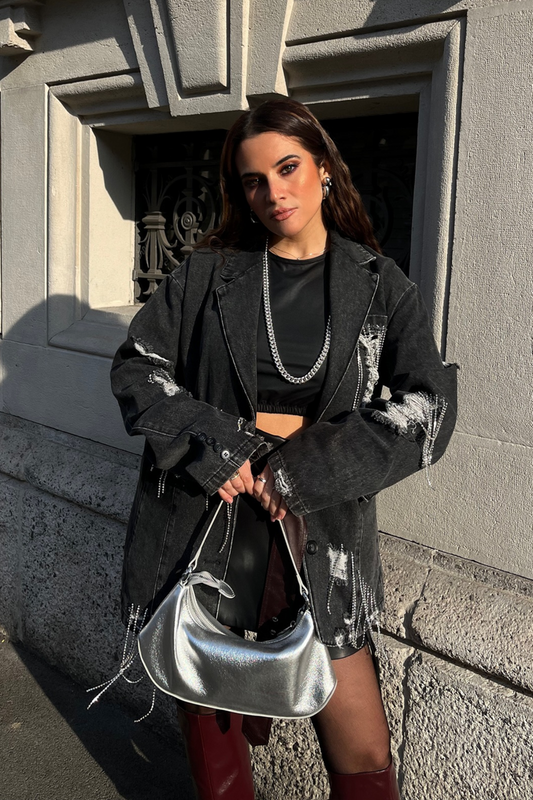 Afton Rhinestone Chain Torn Denim Jacket