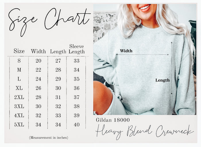 Size chart for a sweatshirt with a model wearing the sweatshirt on the right.
