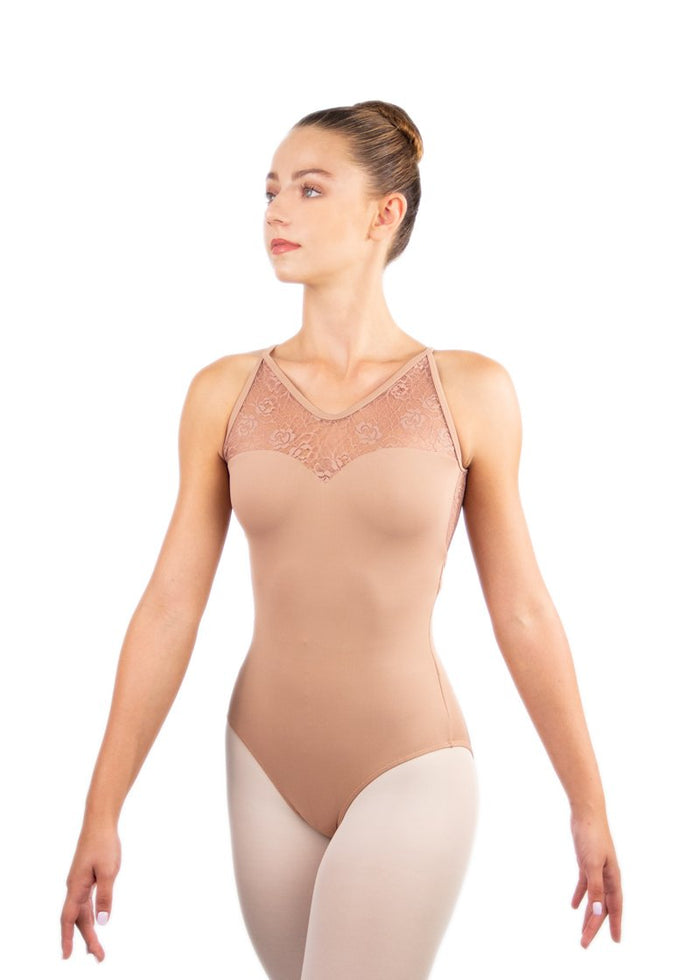 Ballet Rosa girls beige camisole leotard with mesh lace sweetheart neckline.