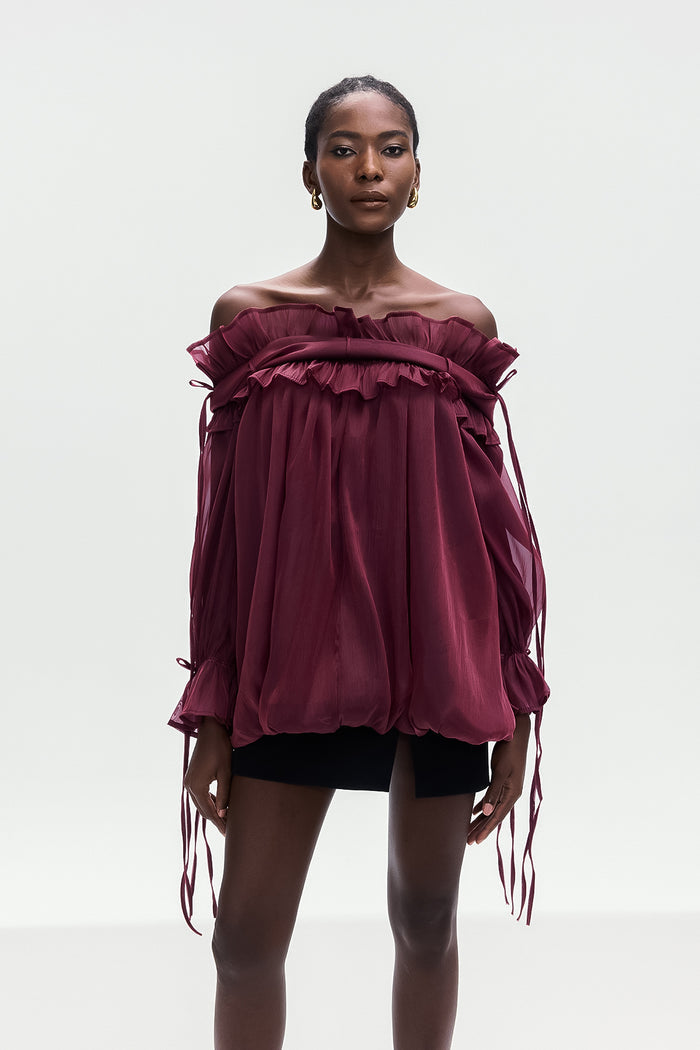 Aneirin Off Shoulder Mesh Ruffle Top In Red