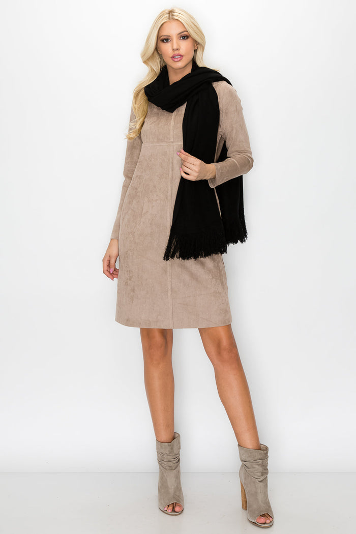Front full body view of the Aurora Long Sleeve Suede Dress - Khaki