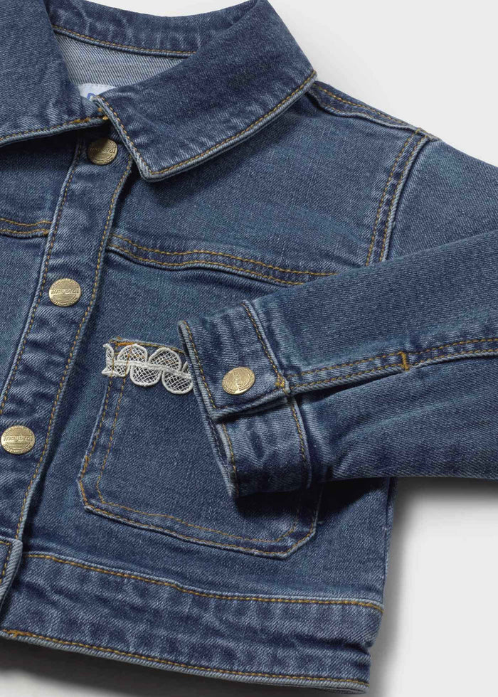 Baby + Girl Denim Jacket with Lace Trim - Wee Bee Baby Boutique