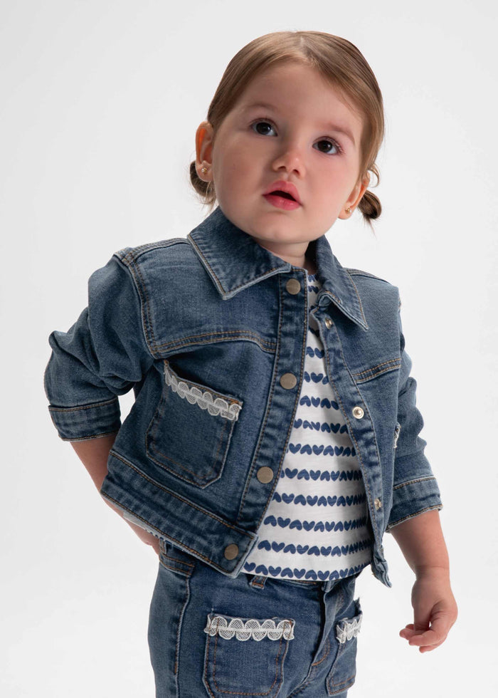 Baby + Girl Denim Jacket with Lace Trim - Wee Bee Baby Boutique