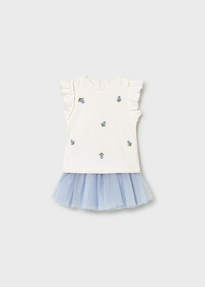 Baby + Girl Tulle Skirt and Ruffled T-shirt Set - Sky Blue Floral - Wee Bee Baby Boutique