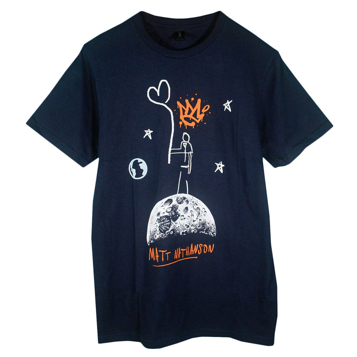 Navy blue t-shirt with graphic design of a person on the moon and matt nathanson text at the bottom on a white background