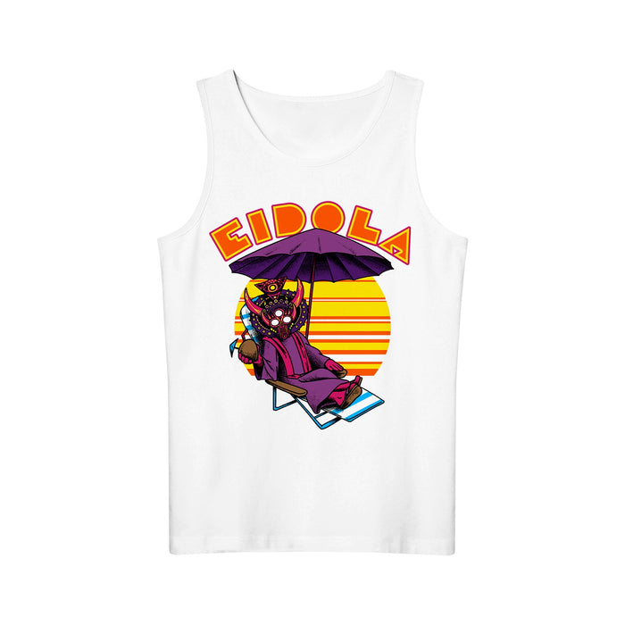A white Eidola tank top with a stylized robot relaxing on a beach chair under a purple umbrella at sunset, and "EIDOLA" in bold retro letters above.