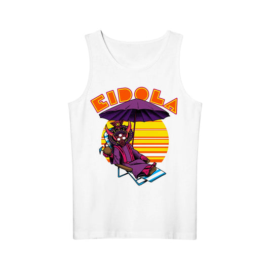 A white Eidola tank top with a stylized robot relaxing on a beach chair under a purple umbrella at sunset, and "EIDOLA" in bold retro letters above.