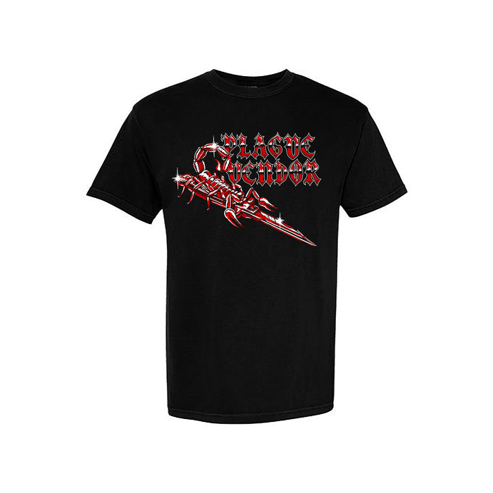 Plague Vendor black Comfort Colors shirt with red gothic "PLAGUE VENDOR" text above a stylized red and white scorpion graphic featuring shiny highlights.