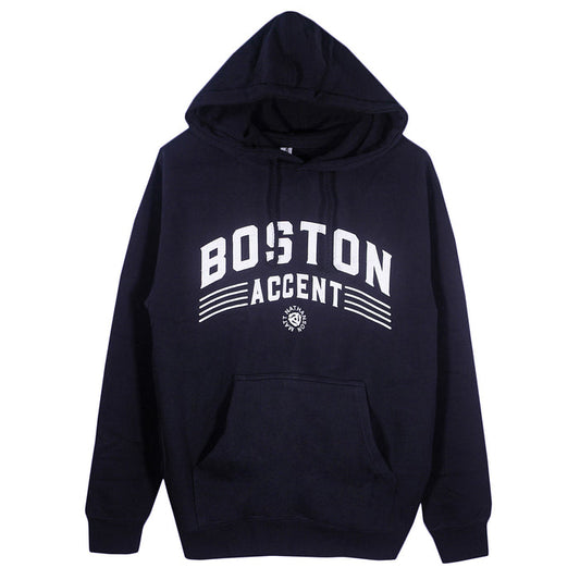 A black Matt Nathanson pullover hoodie with BOSTON ACCENT in bold white letters and thin white chest lines, plus a small circular design below the text for a classic printed look.