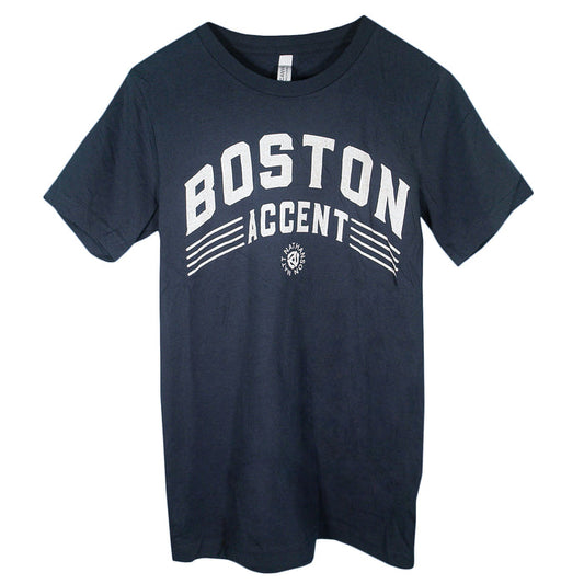 Matt Nathanson navy blue T-shirt with Boston Accent in bold white letters, horizontal white lines, and a small circular logo below. Ideal for printed T-shirt lovers looking for comfort and style.