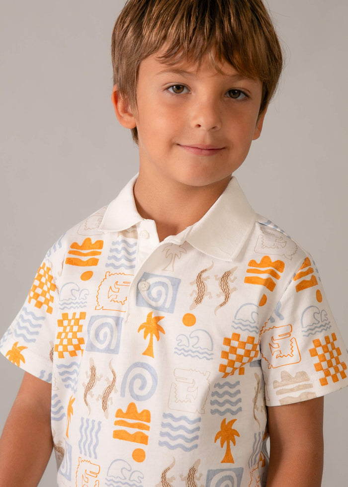 Boy Printed Polo Shirt - Peach Summer Fun - Wee Bee Baby Boutique