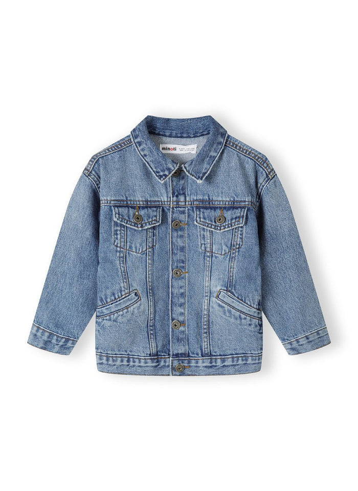 Boys denim jacket in blue, front view with button fastening and chest pockets.