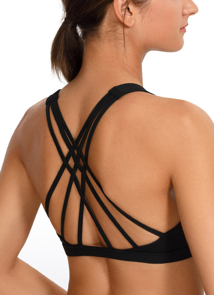 CRZ YOGA Women's Yoga Light Support Brushed Nakedfeel Strappy Bra Black