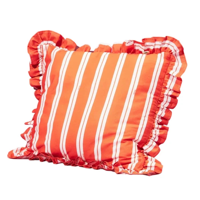Carmine Stripes Ruffled Cushion