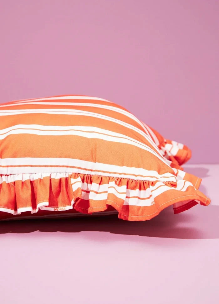 Carmine Stripes Ruffled Cushion