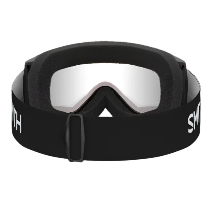 Black goggles with silver lenses on a white background